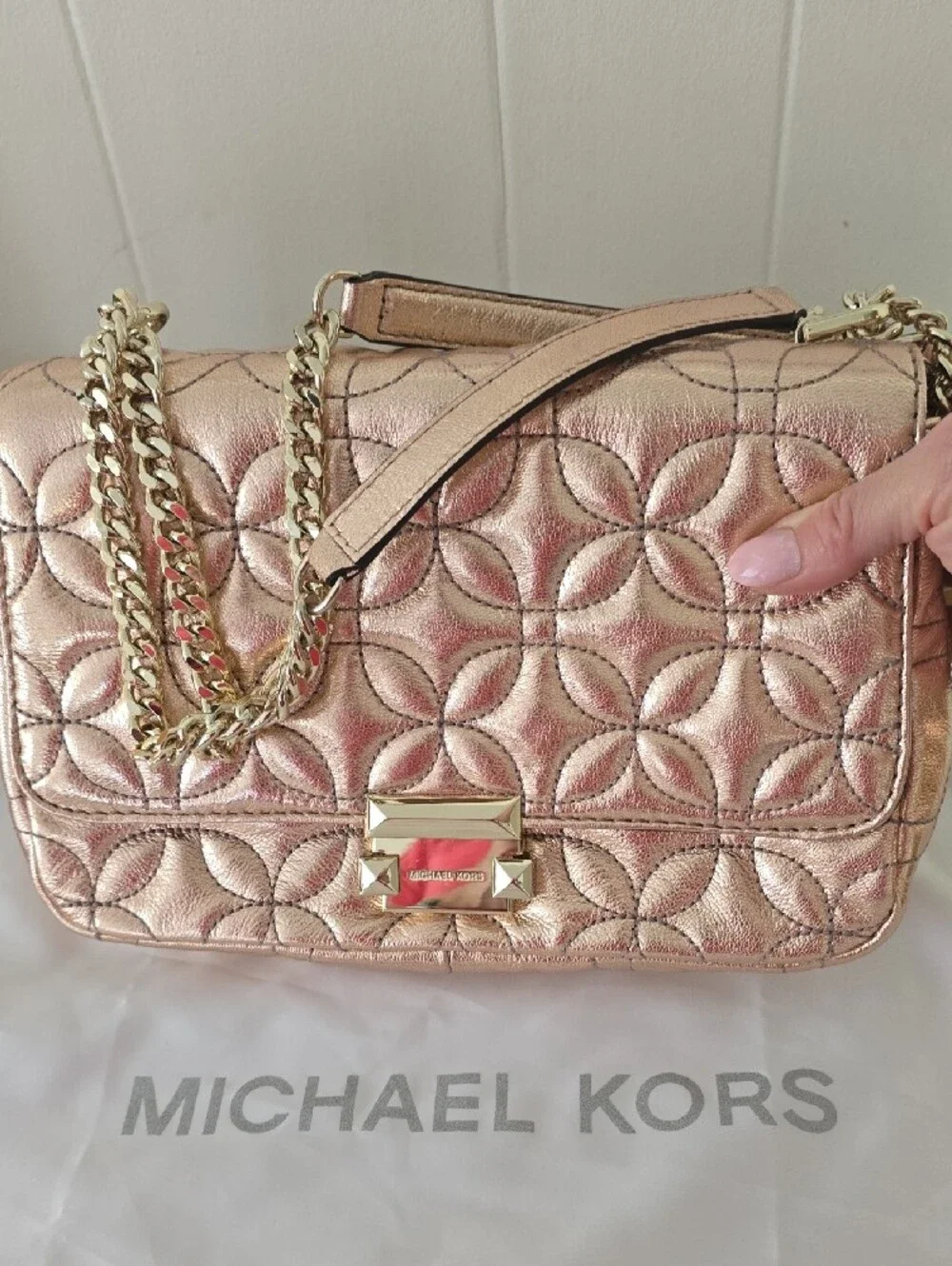 Michael Kors Quilted Metallic Rose Shoulder Bag with Gold Chain